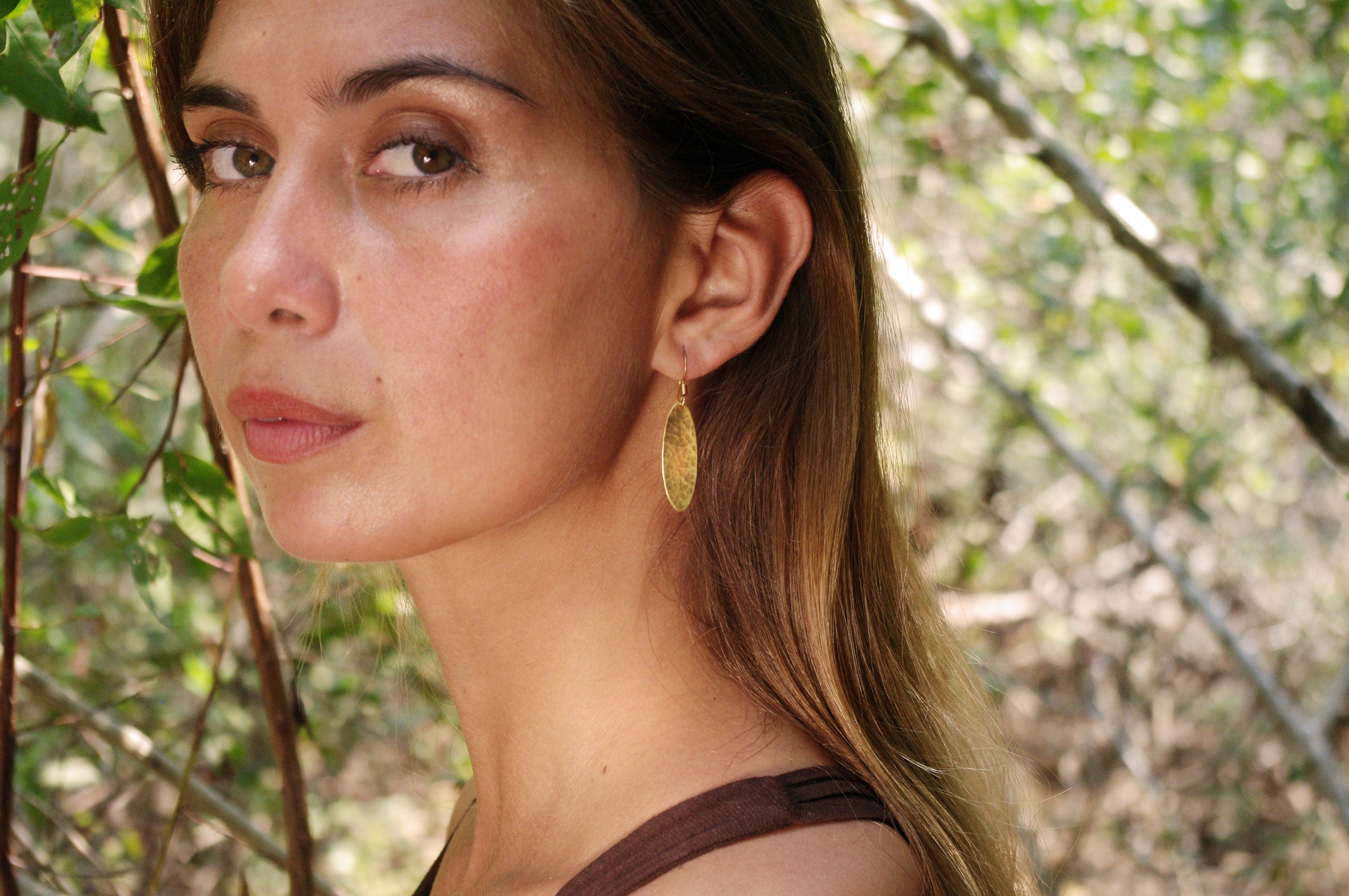 Oval brass drop earrings