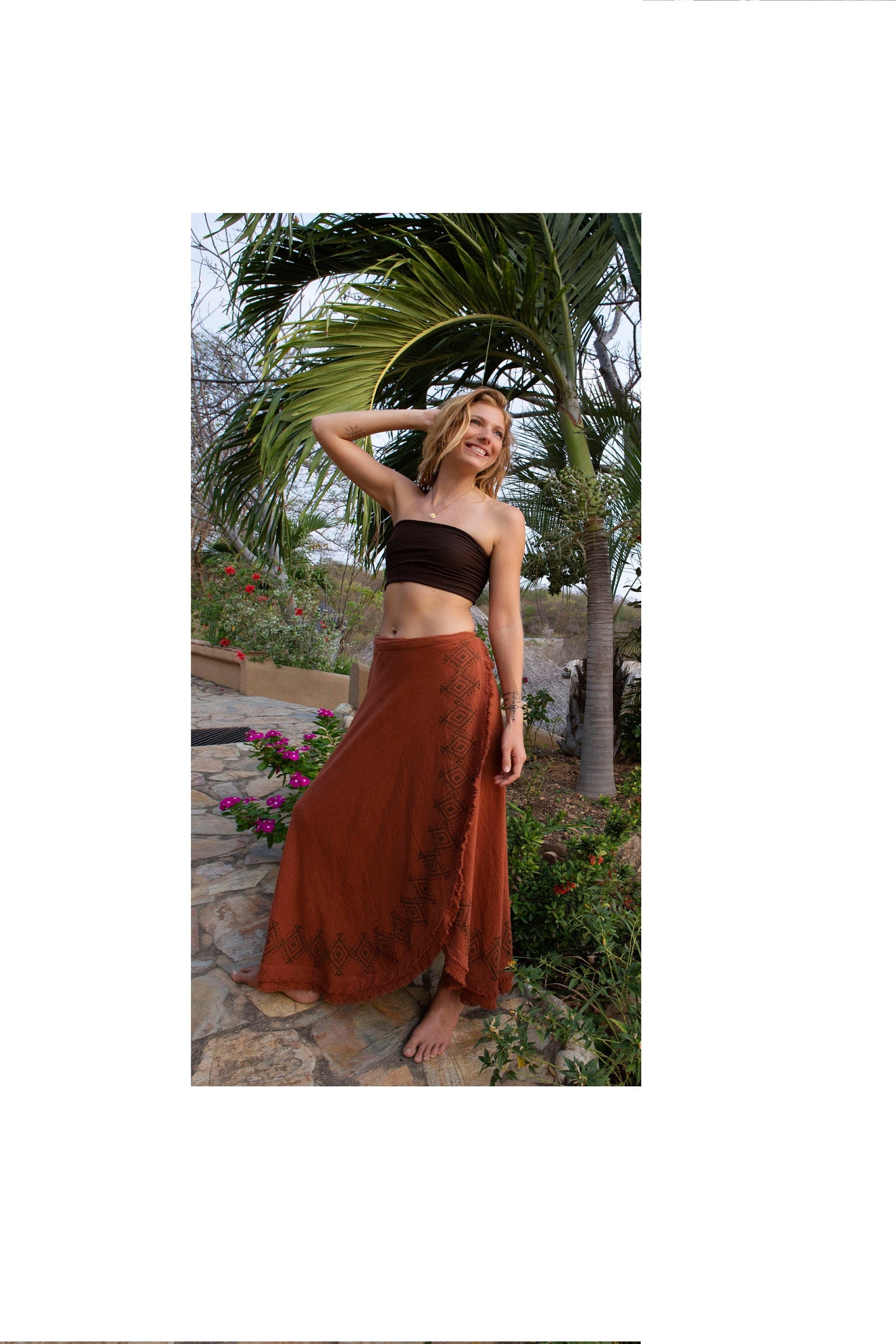 B-stock, long wrap skirt, natural wrap skirt, earth-colored skirt, frayed wrap skirt block print