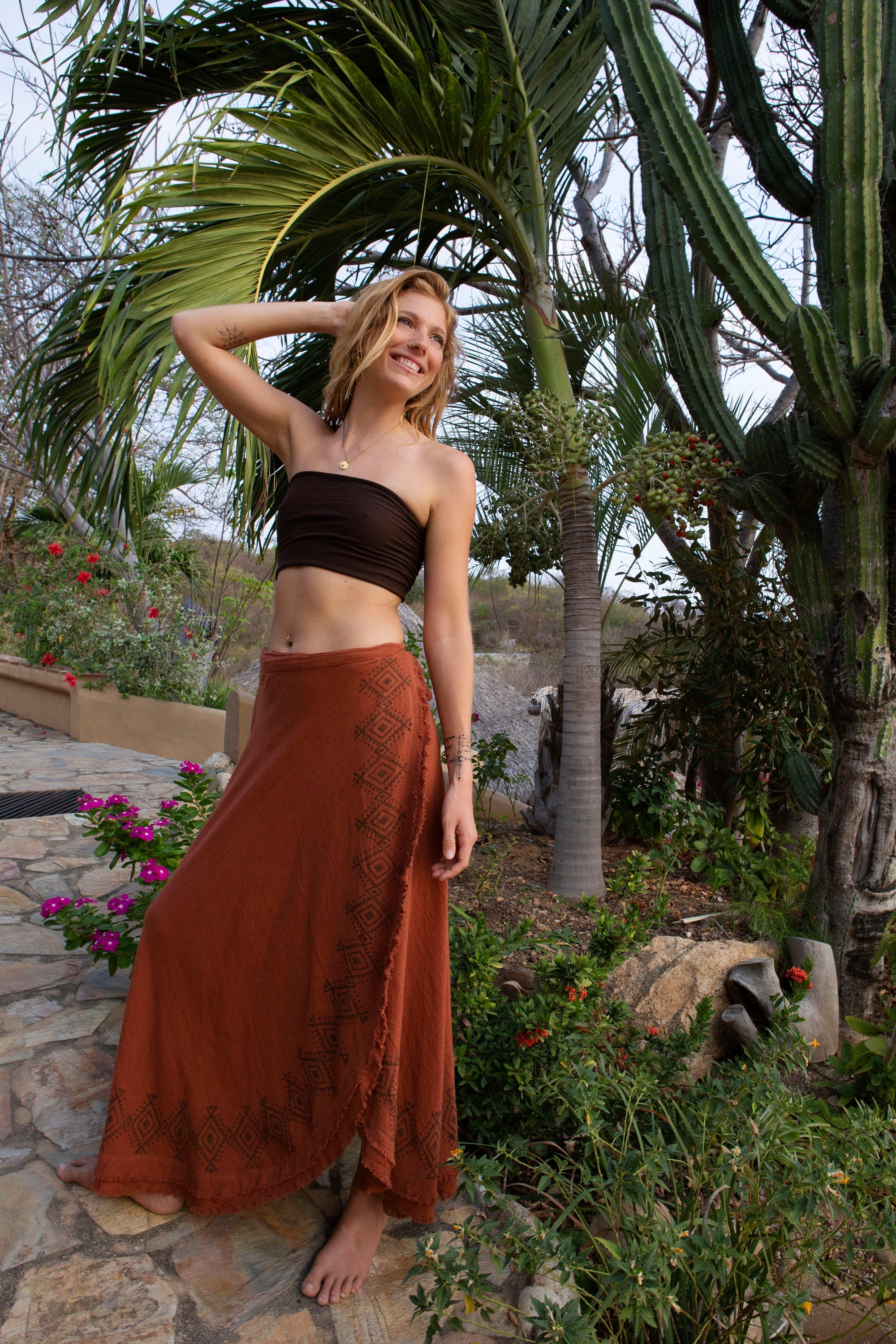 B-stock, long wrap skirt, natural wrap skirt, earth-colored skirt, frayed wrap skirt block print