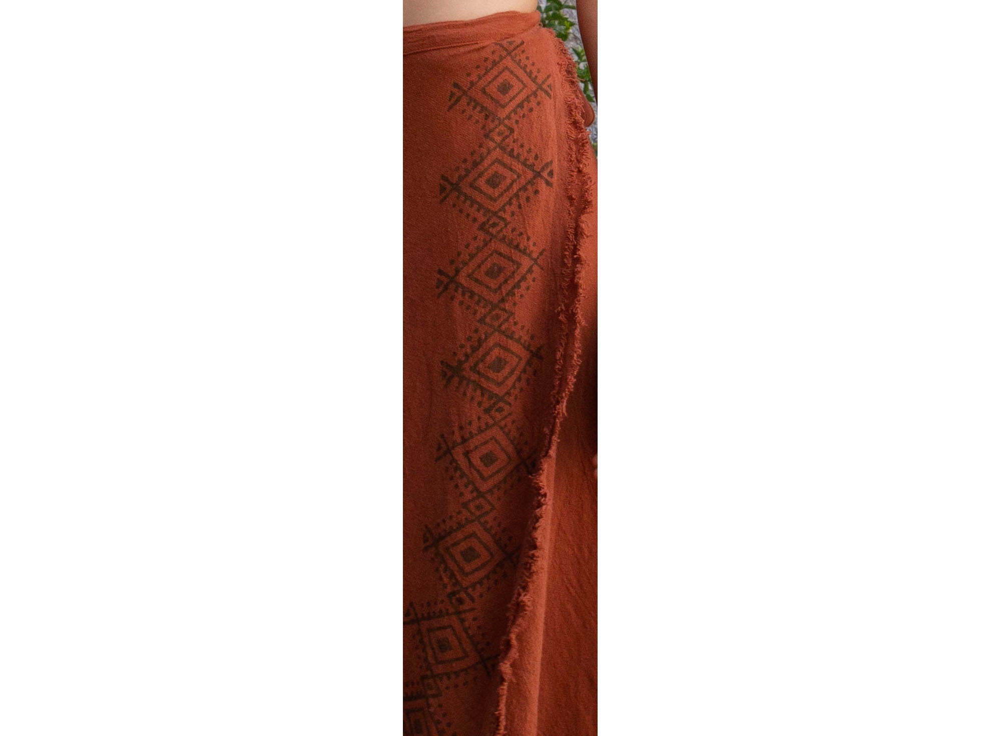 B-stock, long wrap skirt, natural wrap skirt, earth-colored skirt, frayed wrap skirt block print