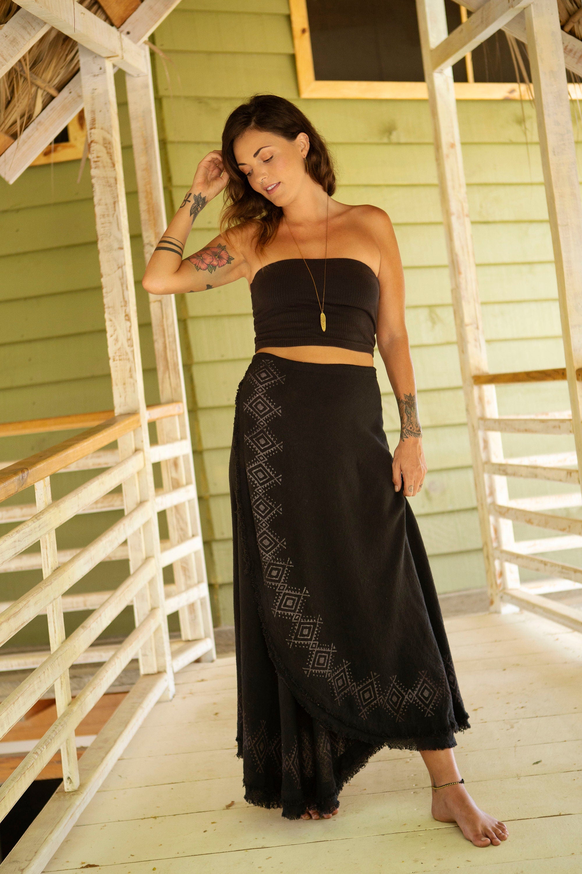 Long wrap skirt, natural wrap skirt, earth-toned skirt, frayed block-print wrap skirt