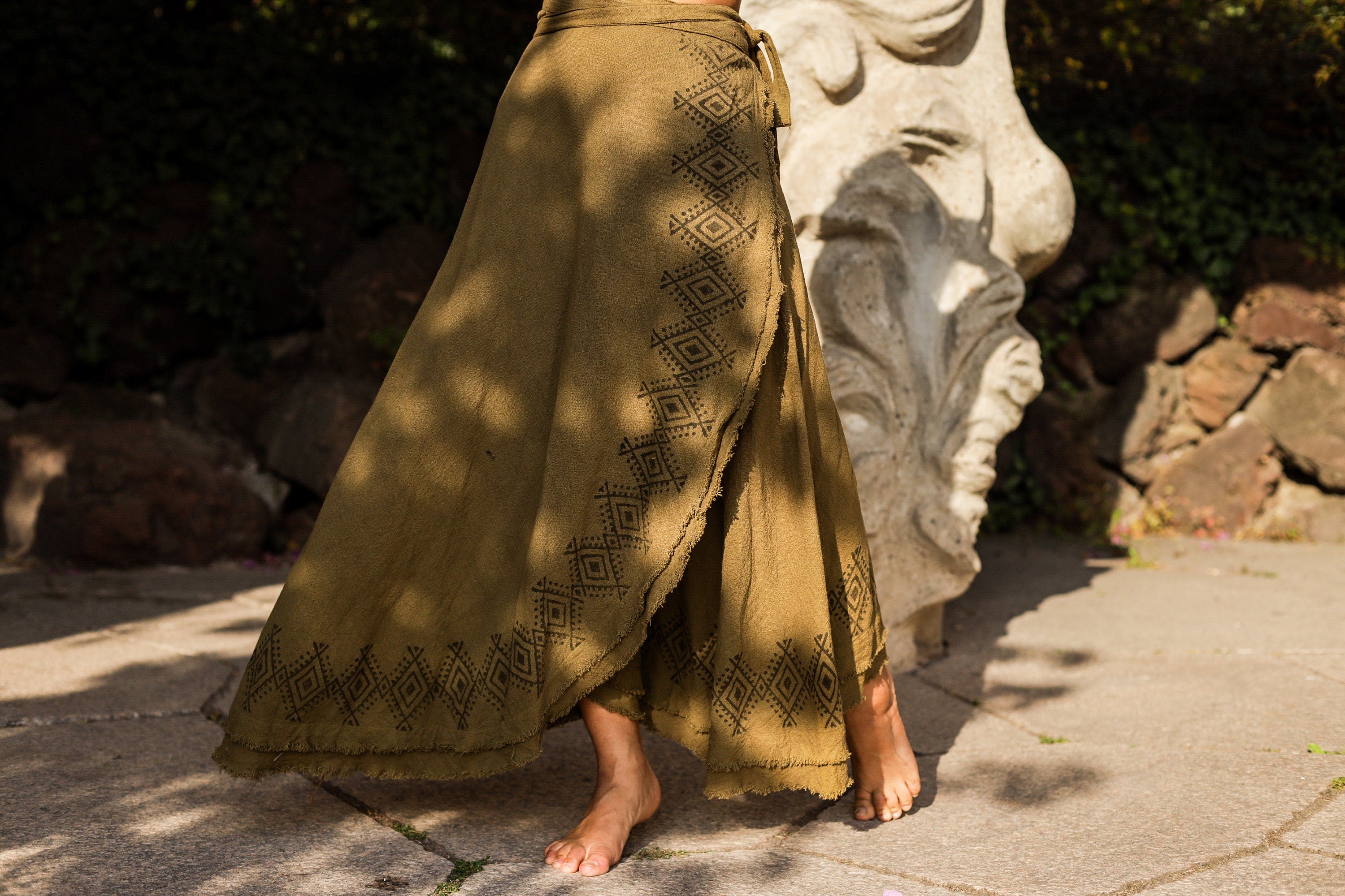 B-stock, long wrap skirt, natural wrap skirt, earth-colored skirt, frayed wrap skirt block print