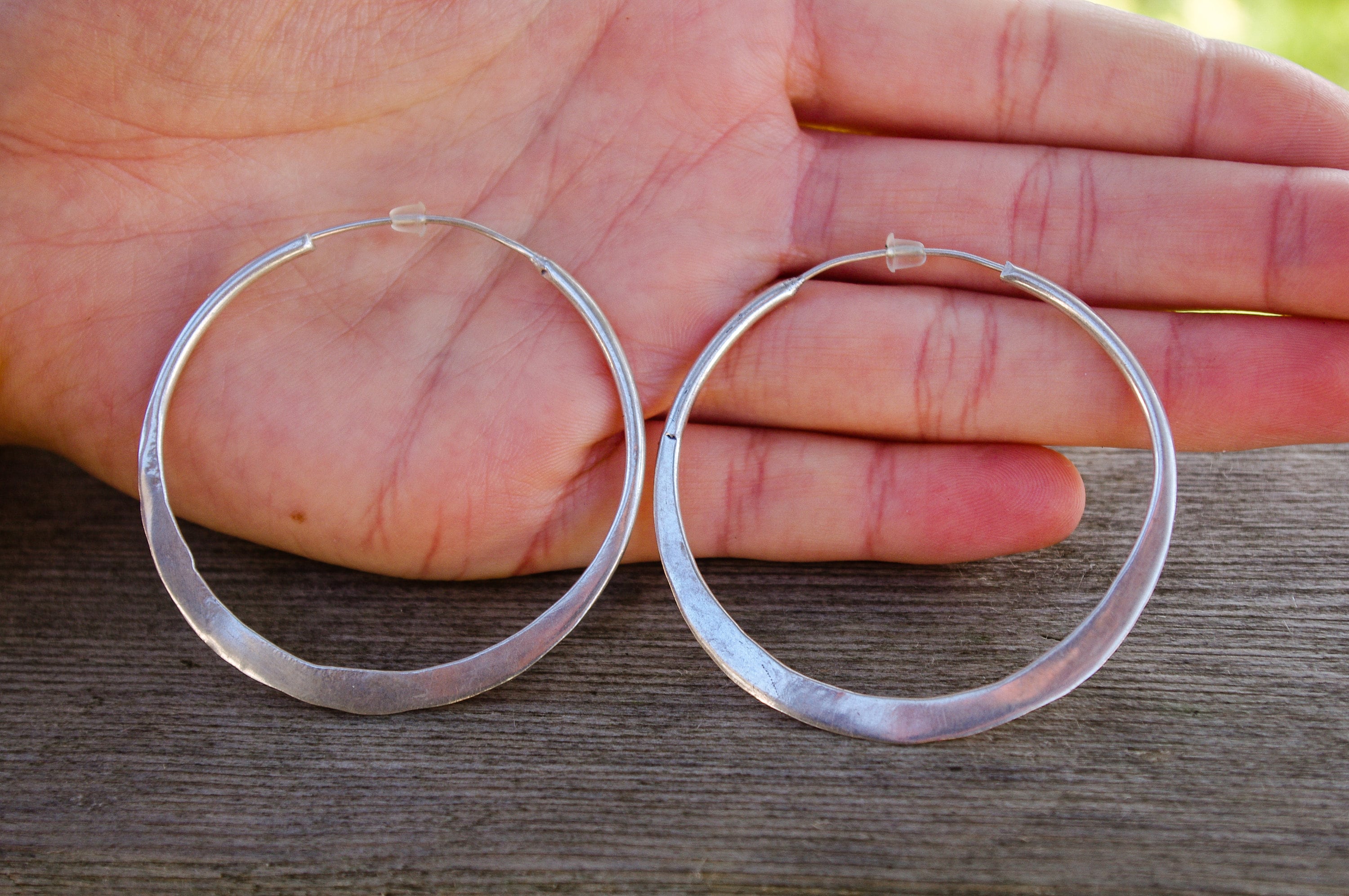 Flat silver-plated hoops, large hoops, boho hoops