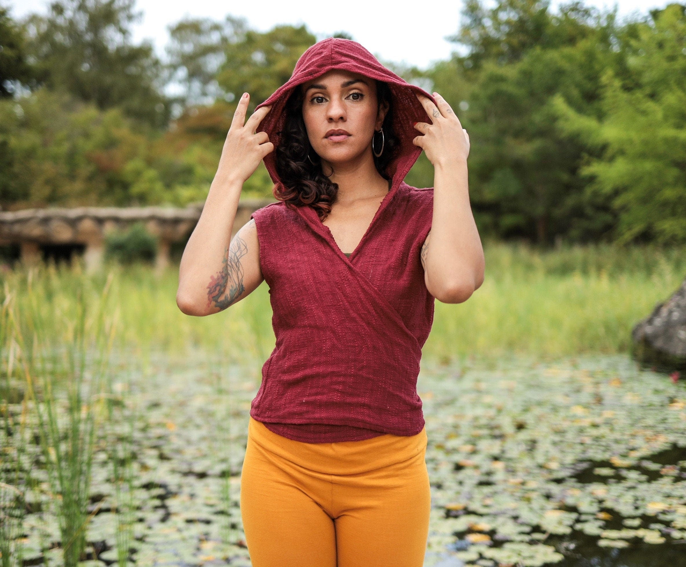 Wrap top with hood, festival hooded top, pixie top