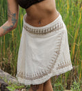 Knee-length wrap skirt, natural cotton wrap skirt, short olive green skirt, frayed hem wrap skirt with block print