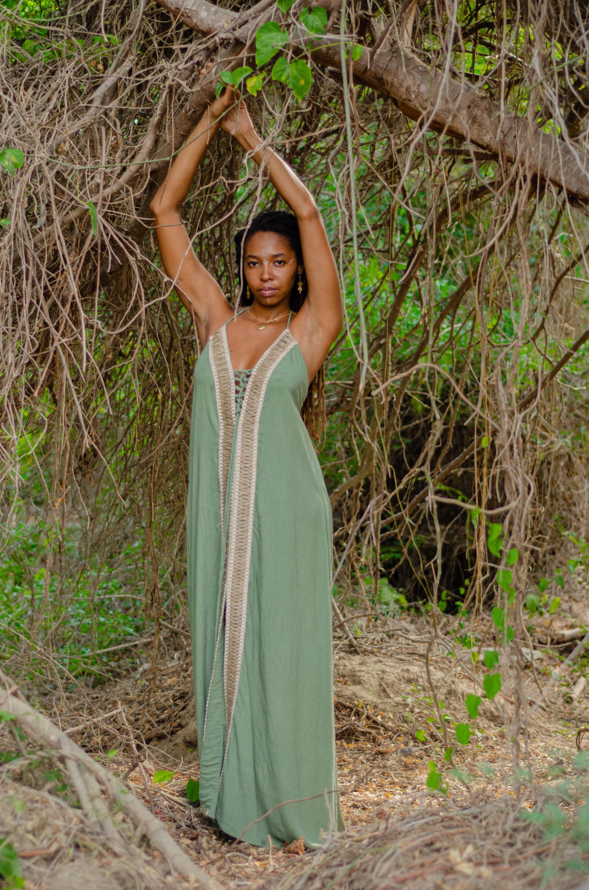 Floor-length sage green dress with jute border