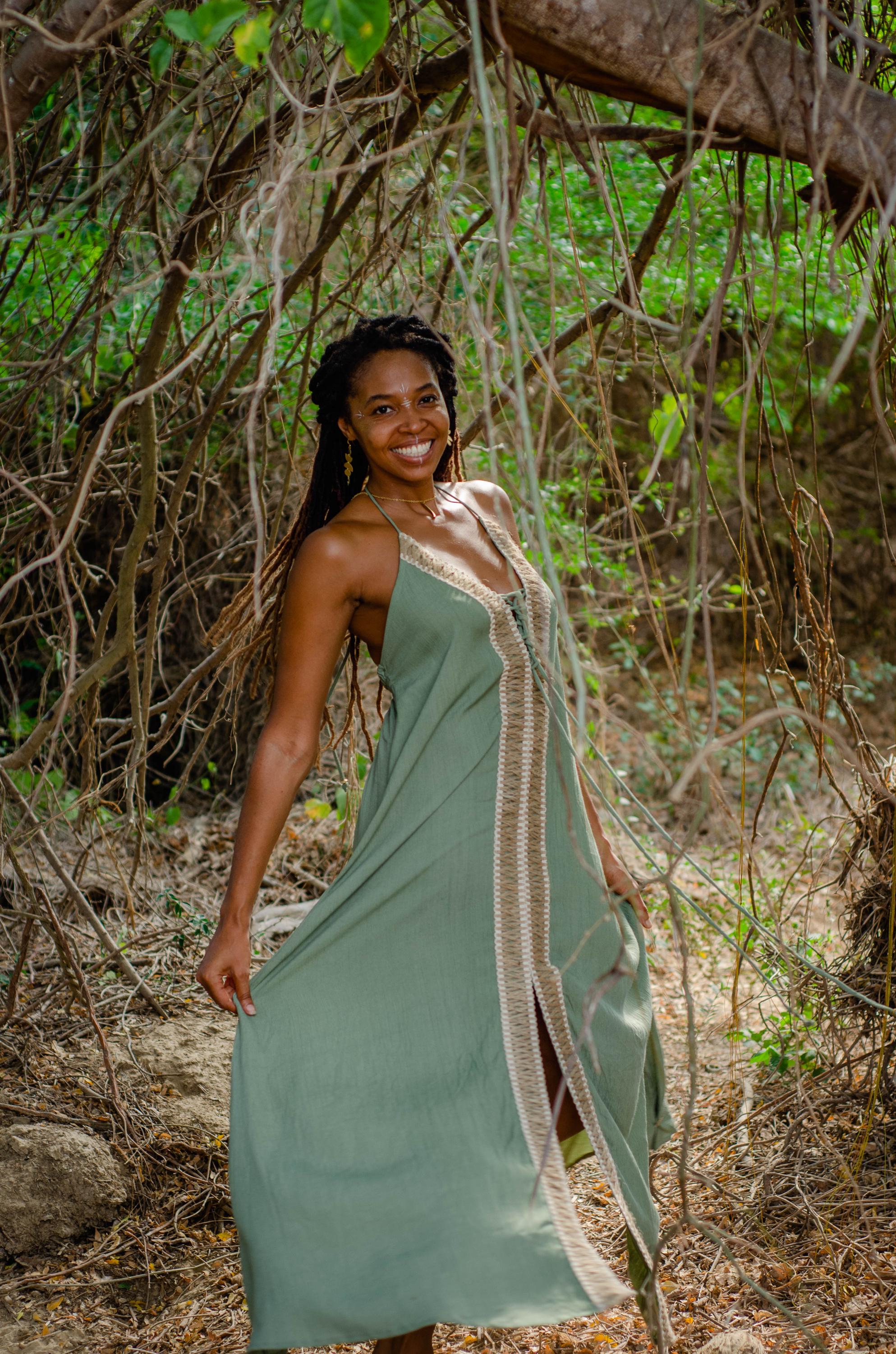 Floor-length sage green dress with jute border