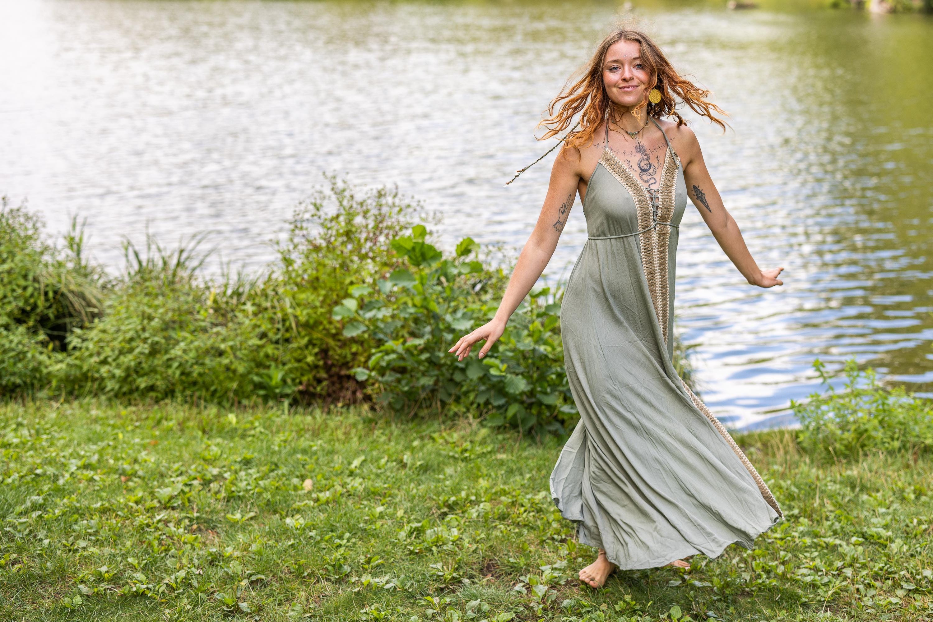 Floor-length blue boho dress