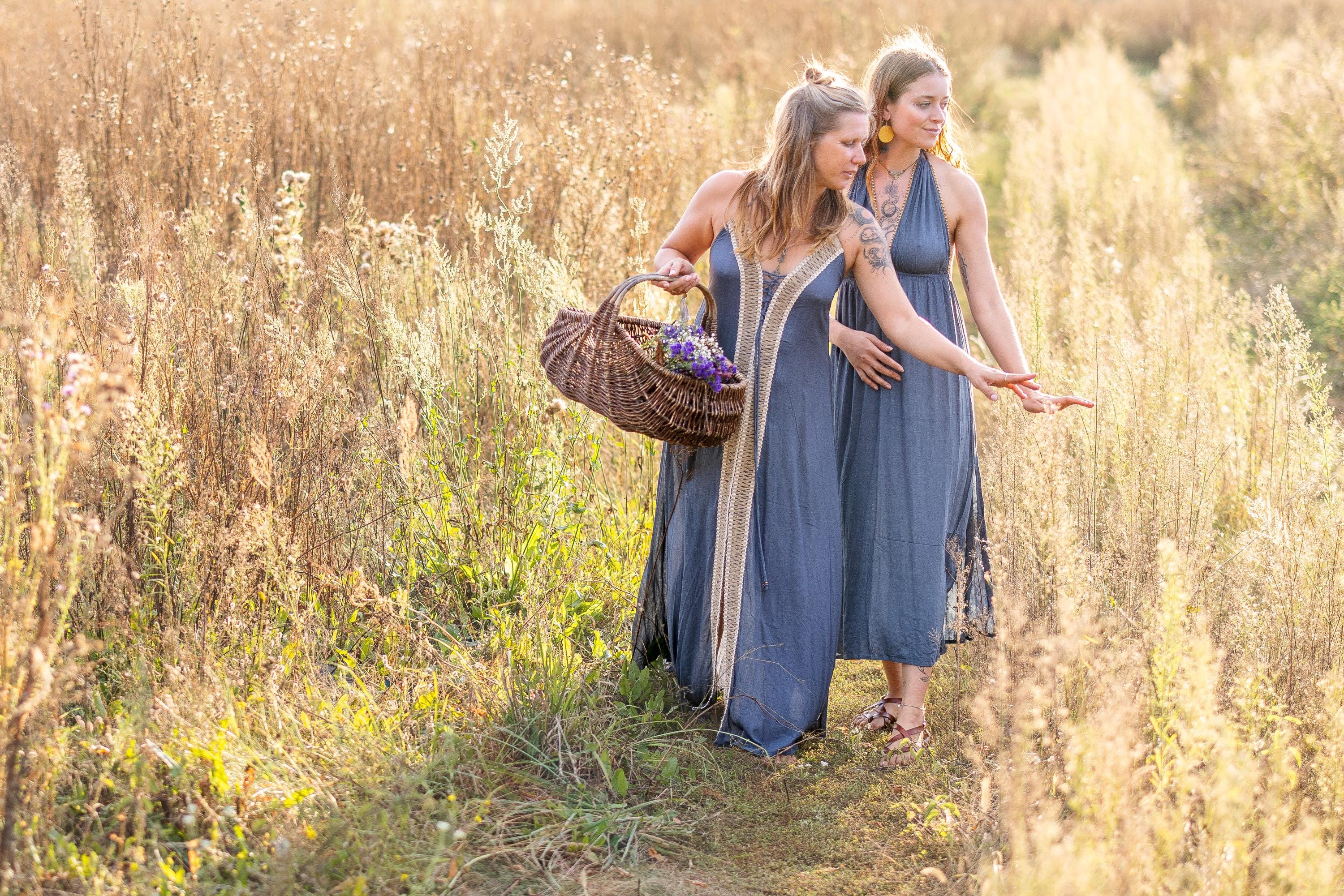 Floor-length blue boho dress
