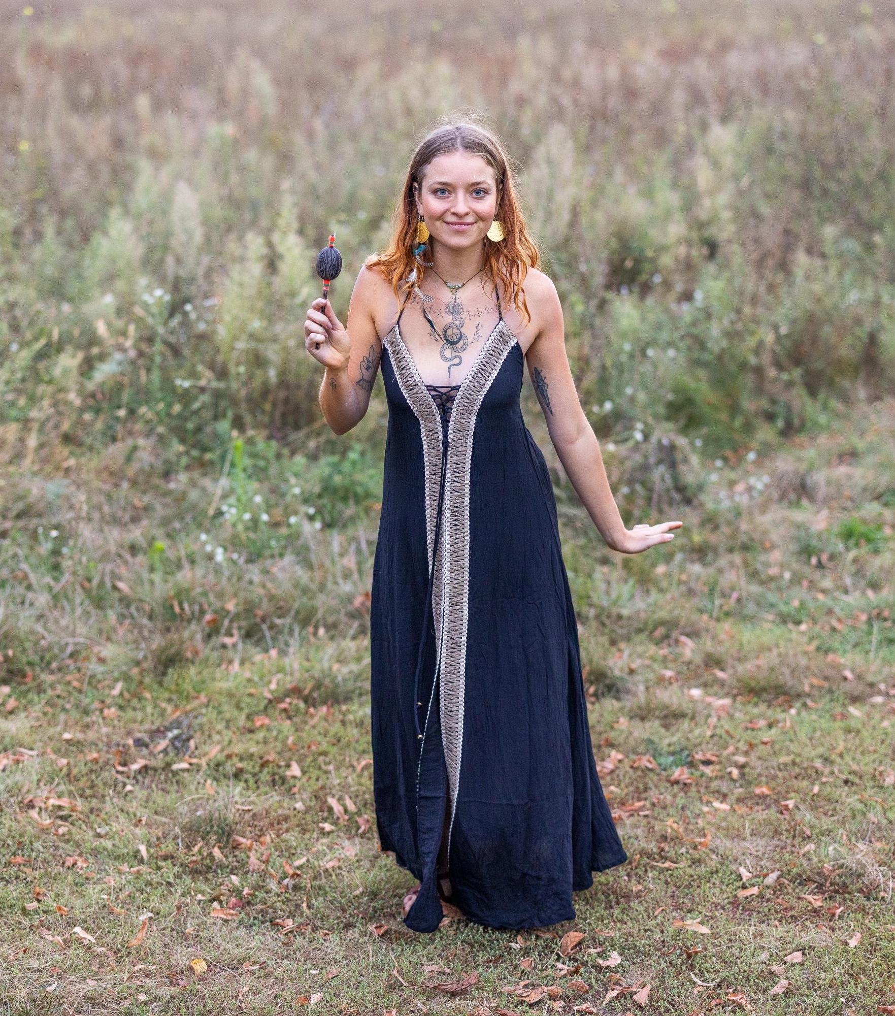 Floor-length black boho dress