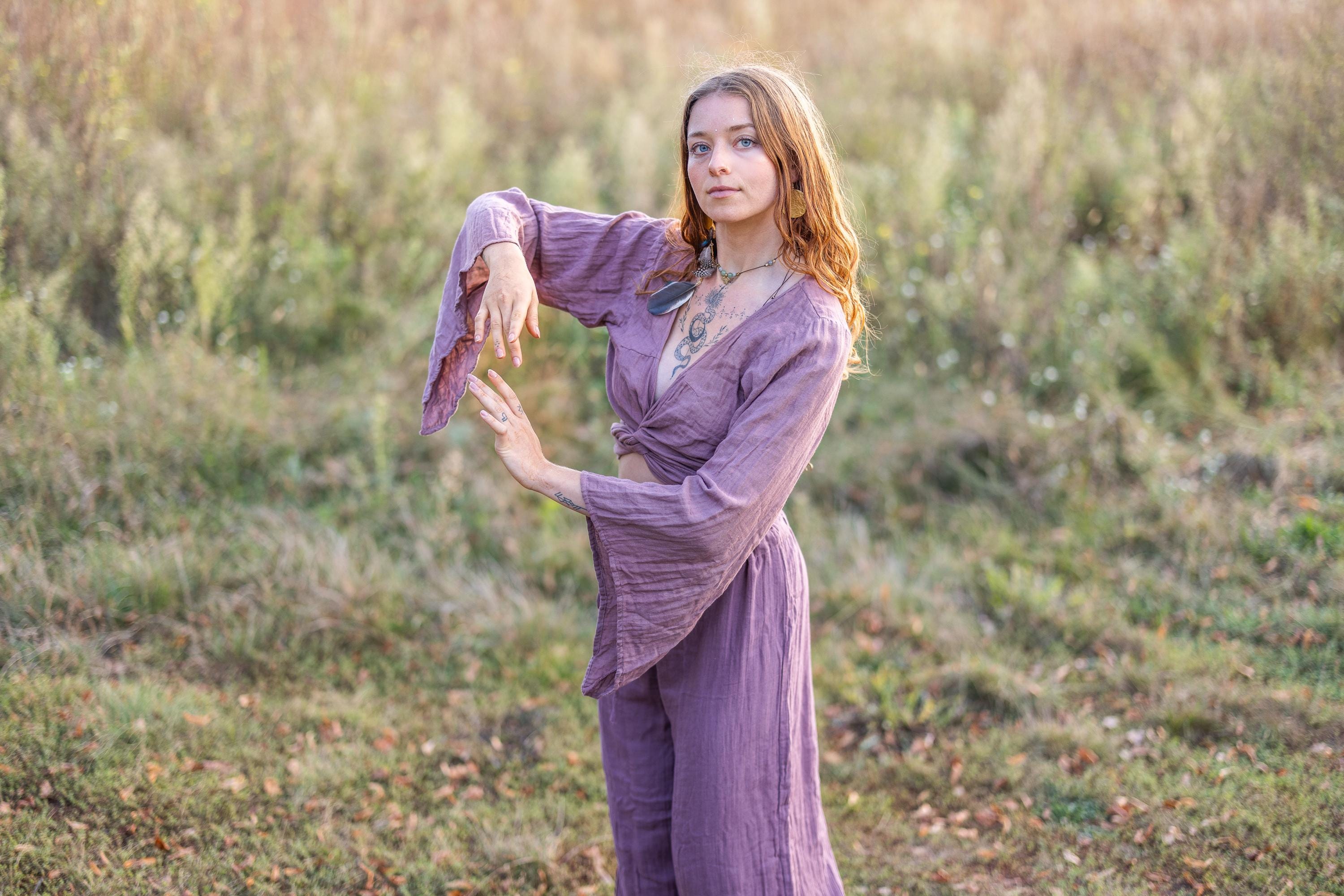 Wrap top made of muslin with Trumpet Sleeves