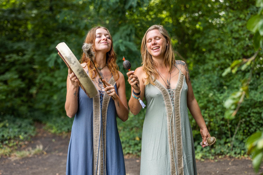 Floor-length blue boho dress