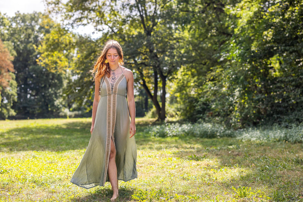 Floor-length blue boho dress
