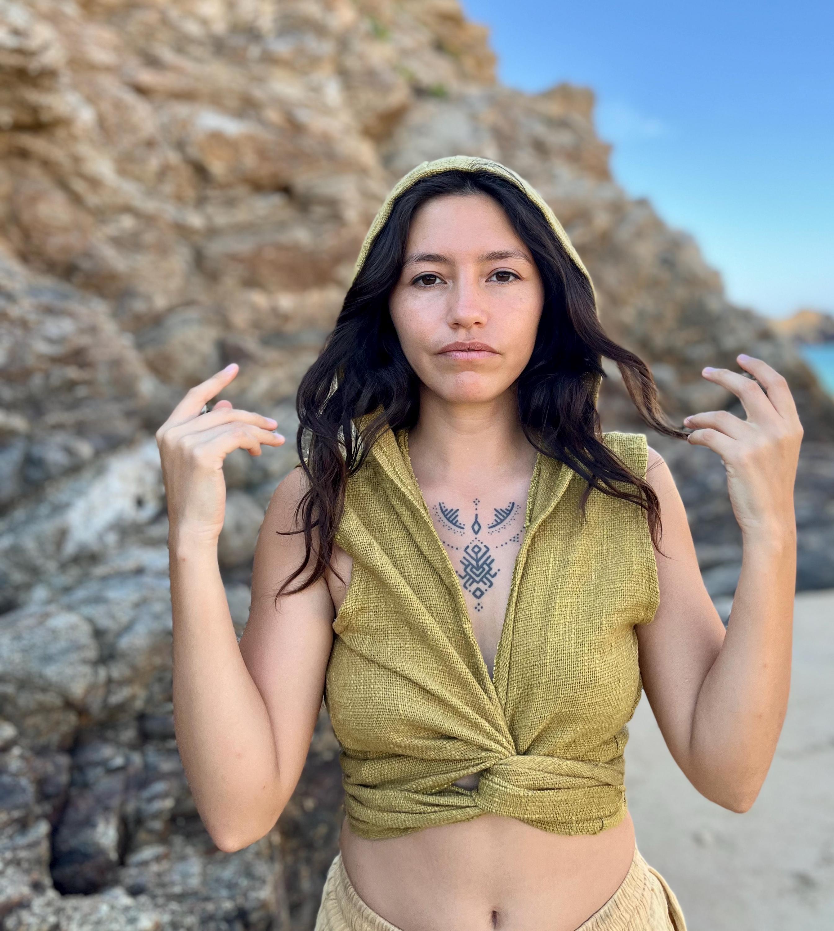 Wrap top with hood, festival hooded top, pixie top