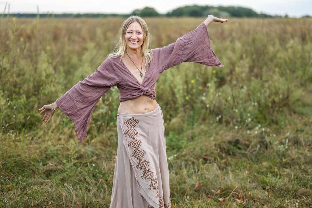 Wrap top made of muslin with Trumpet Sleeves