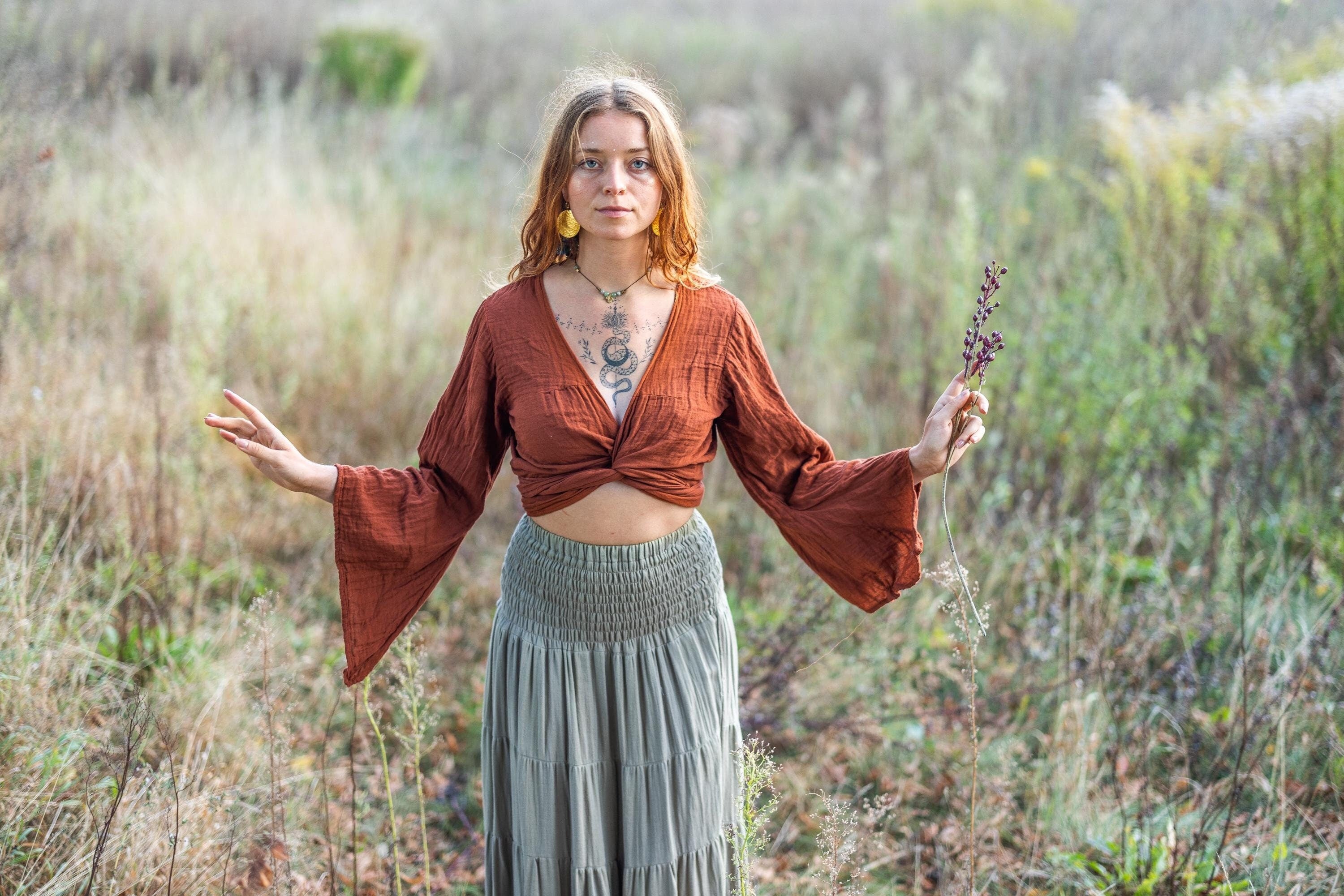 Wrap top made of muslin with Trumpet Sleeves