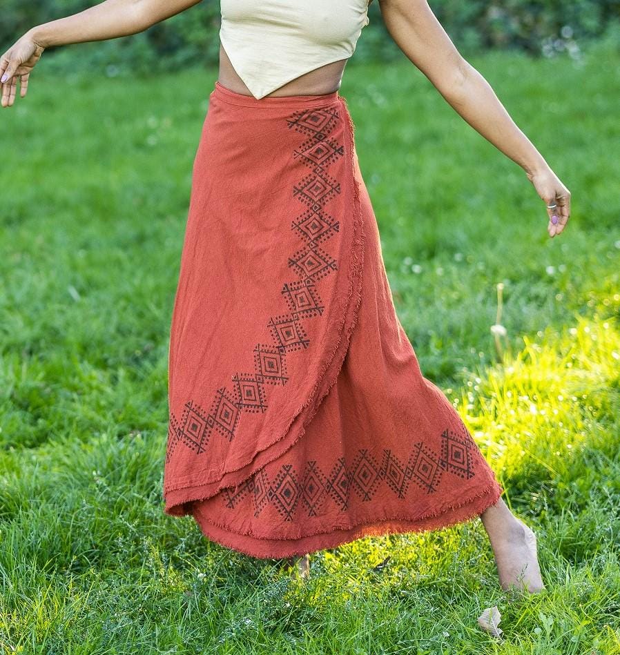 Long wrap skirt, natural wrap skirt, earth-toned skirt, frayed block-print wrap skirt