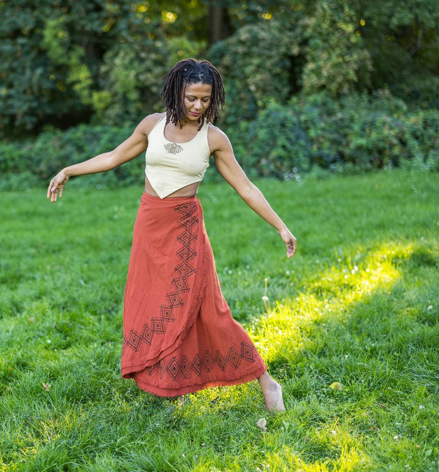 Long wrap skirt, natural wrap skirt, earth-toned skirt, frayed block-print wrap skirt