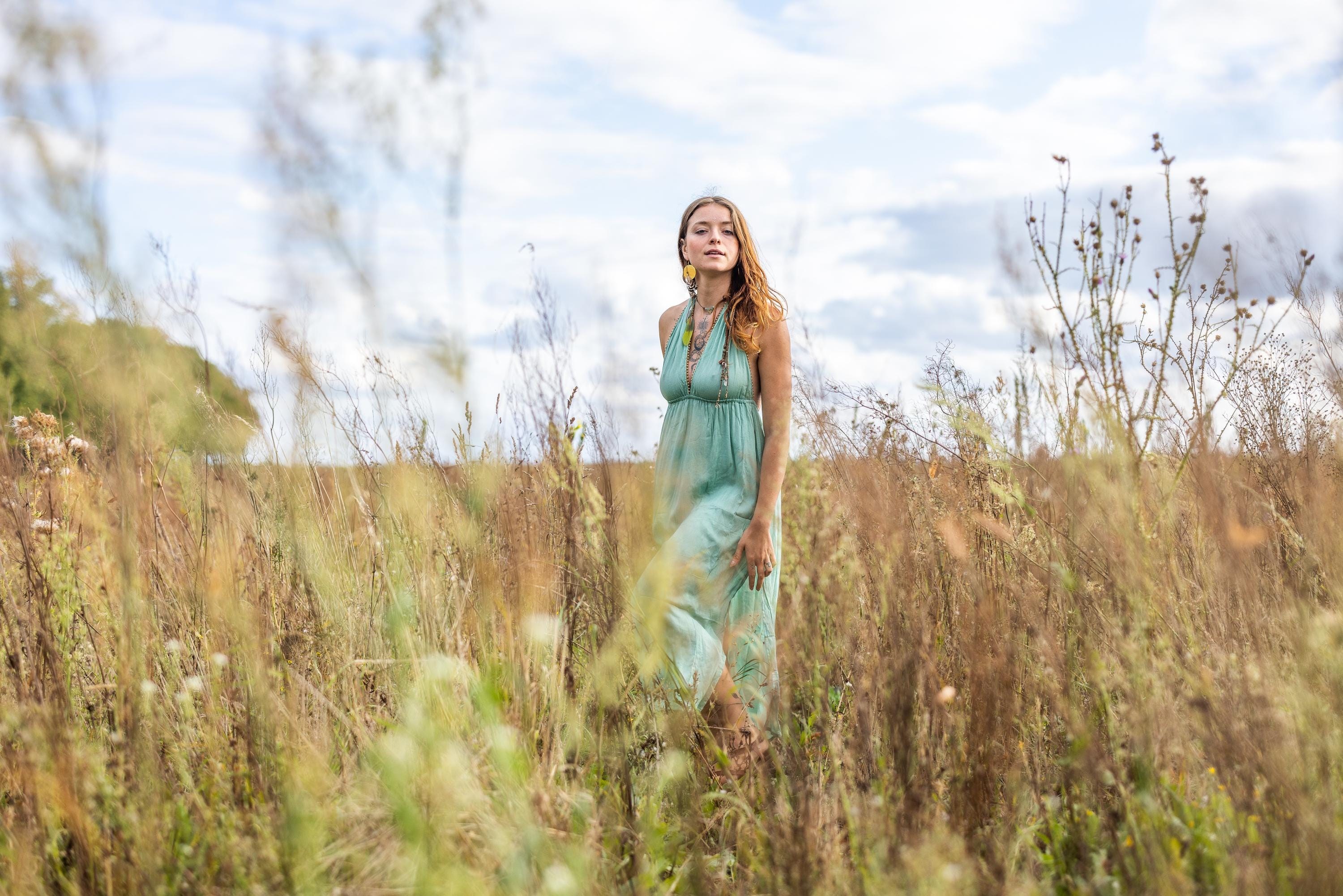 Long boho dress with gold beads on V-neck