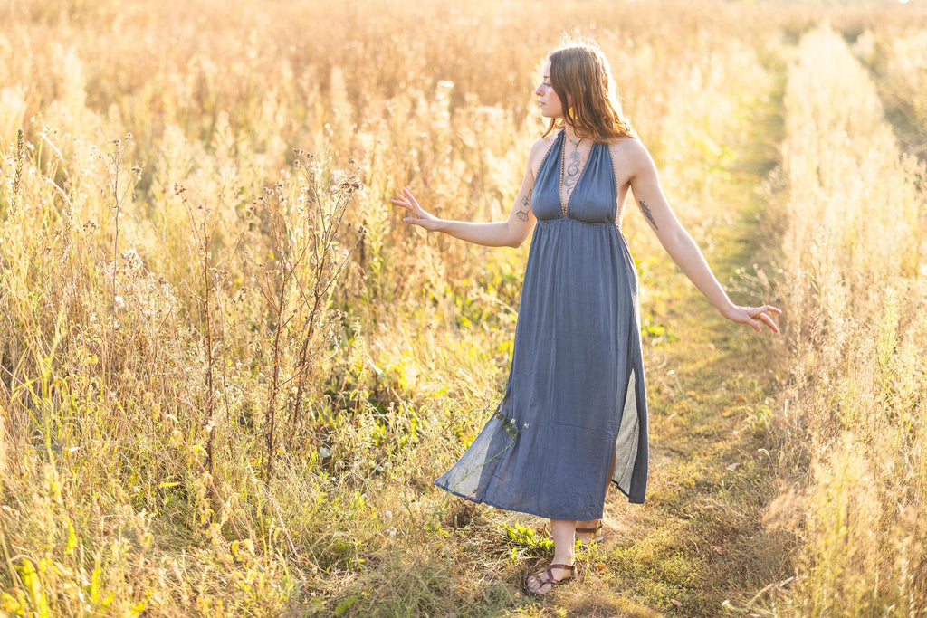 Festive boho dress with golden beads at the V-neck