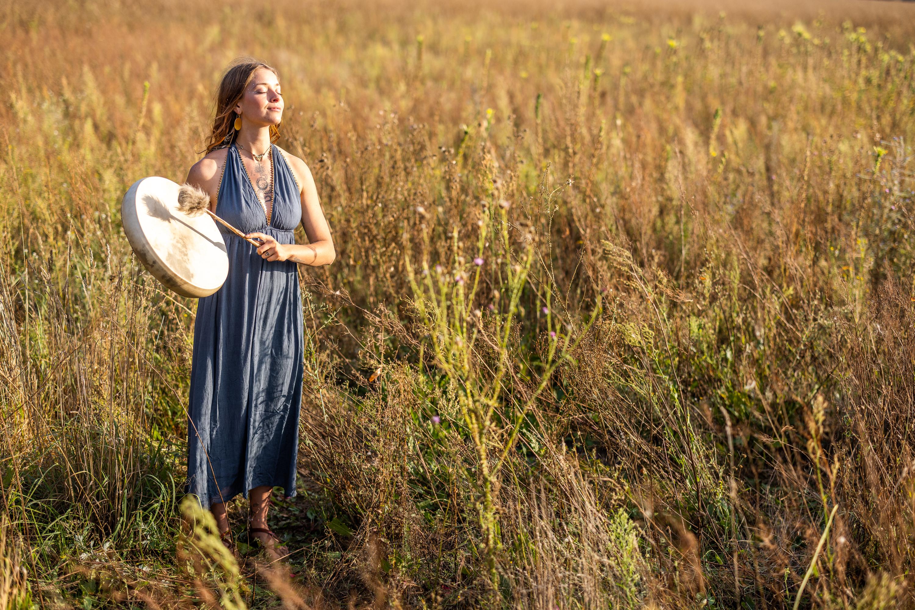 Festive boho dress with golden beads at the V-neck